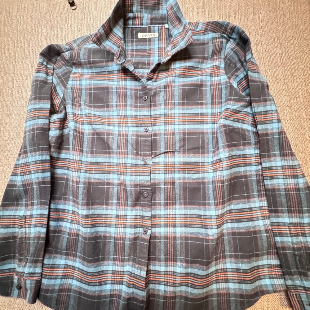 Orvis Mens Flannel Shirt Large Blue Orange Plaid Long Sleeve Button Down Cotton